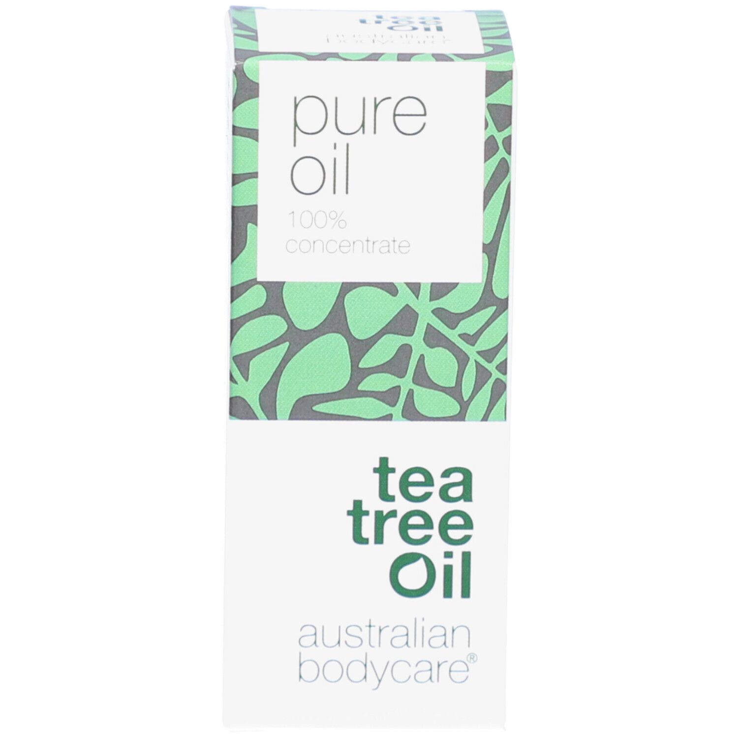 Schachtel, weiß und grün. Text: pure oil, 100% concentrate, tea tree oil, australian bodycare.