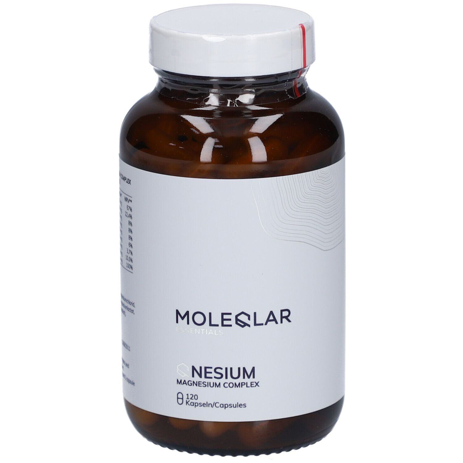 Flacon en verre brun avec bouchon blanc. Étiquette avec nom du produit et logo. 120 gélules.