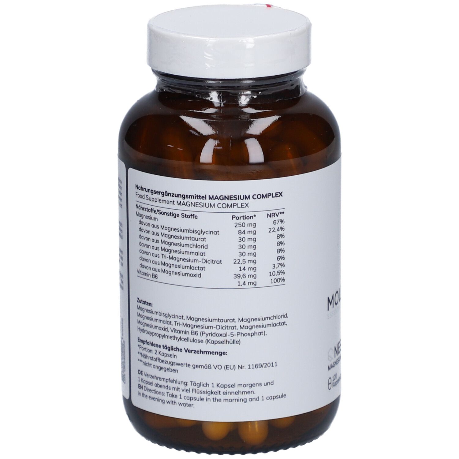 Flacon en verre brun avec bouchon blanc. Dos avec informations nutritionnelles et ingrédients. 120 gélules.