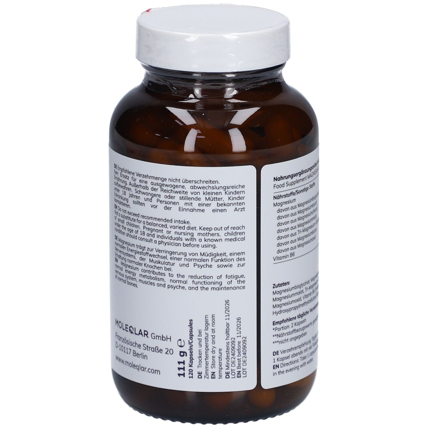 Flacon en verre brun avec bouchon blanc. Dos avec avertissements et informations fabricant. 120 gélules.