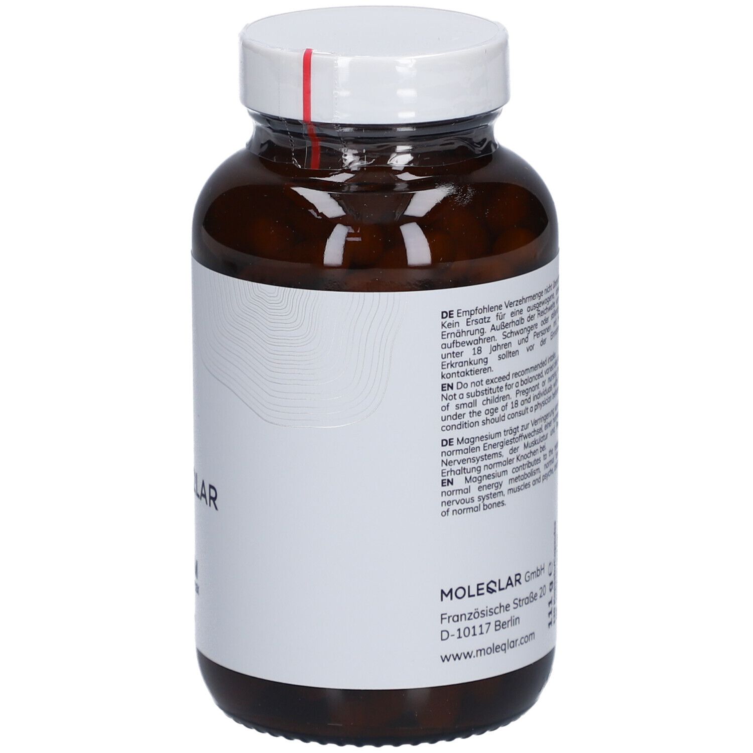 Flacon en verre brun avec bouchon blanc. Dos avec avertissements et informations fabricant. 120 gélules.