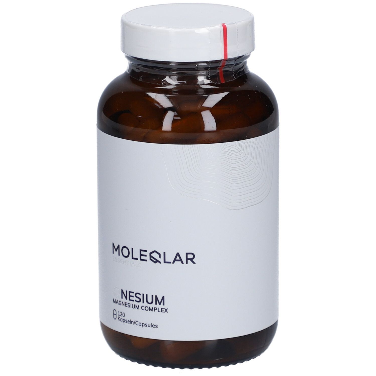 Flacon en verre brun avec bouchon blanc. Étiquette avec nom du produit et logo. 120 gélules.