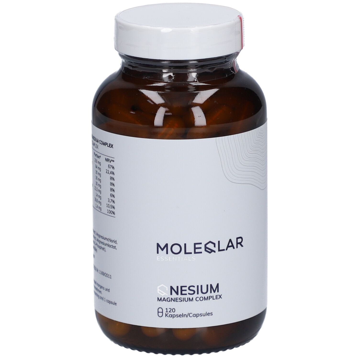 Flacon en verre brun avec bouchon blanc. Étiquette avec informations nutritionnelles et logo. 120 gélules.