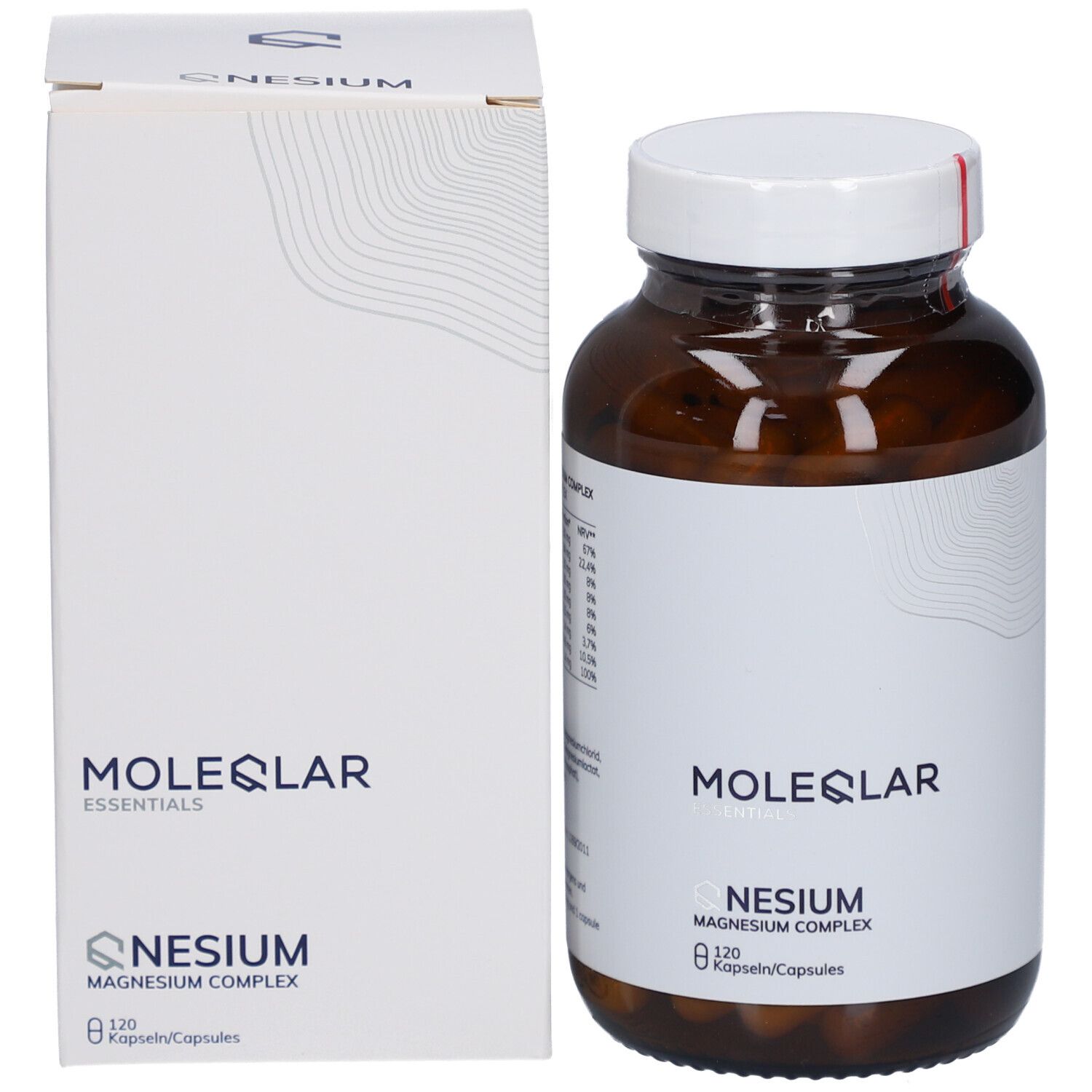 Flacon et boîte du produit. Flacon brun avec bouchon blanc. Boîte blanche avec logo et nom du produit. 120 gélules.