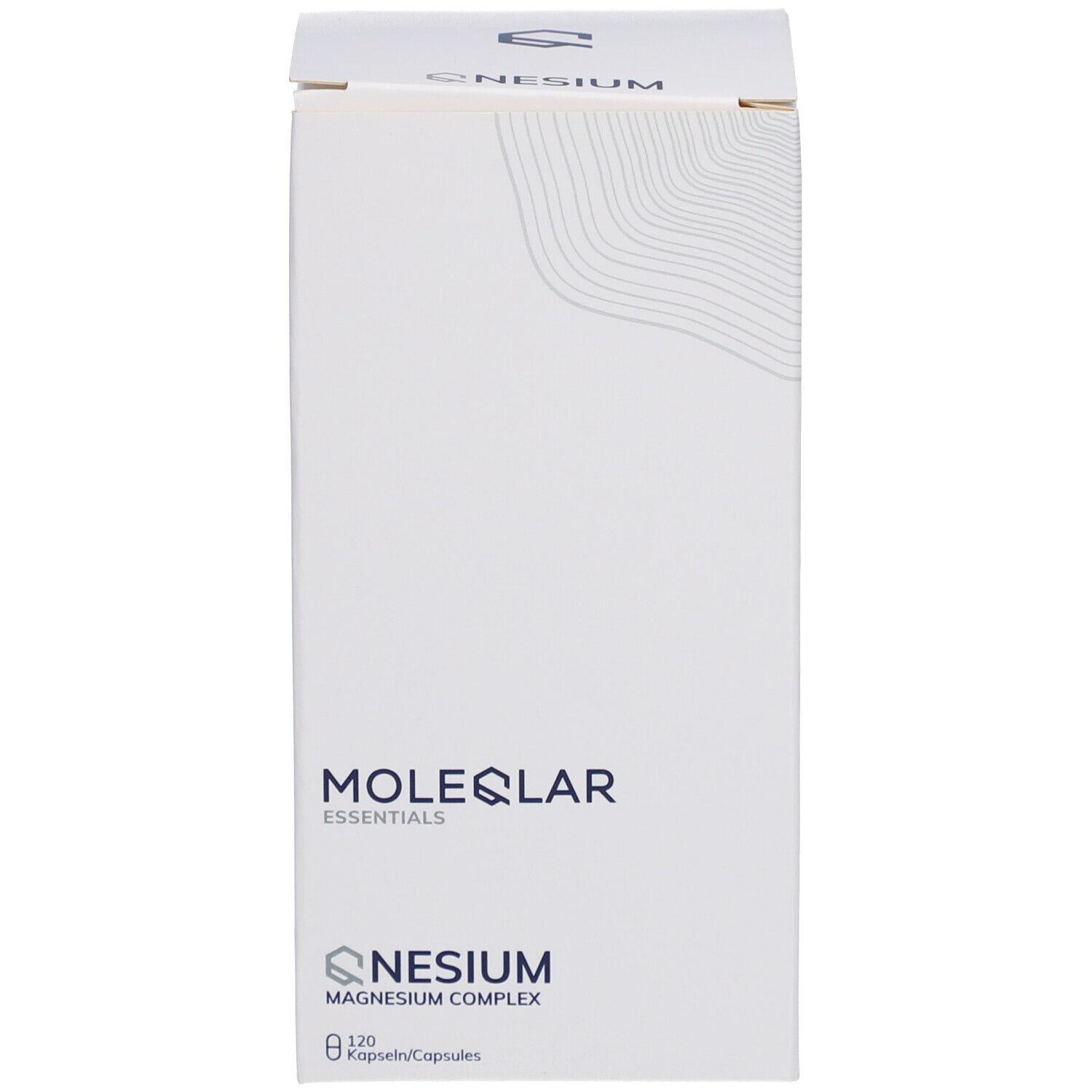 Boîte blanche avec logo et nom du produit. 120 gélules. Nom du produit: NESIUM Magnesium Komplex.