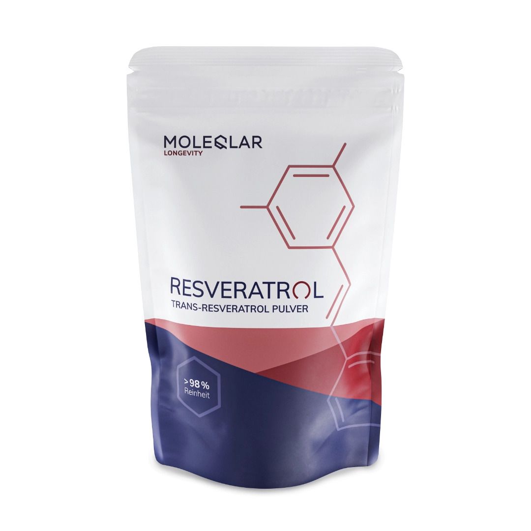 Sachet blanc. Inscription : MoleQlar, Resvératrol, poudre de trans-resvératrol. Logo et structure chimique.