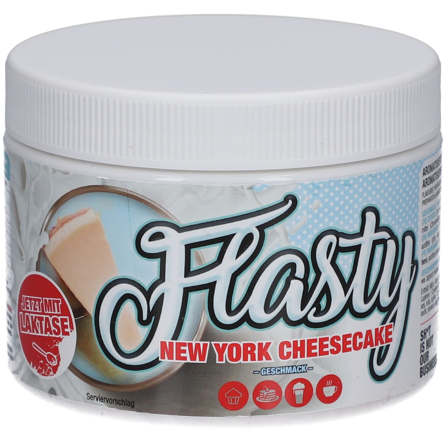 Récipient blanc avec Flasty New York Cheesecake. Inscription : Maintenant avec du lactose. Image de gâteau.