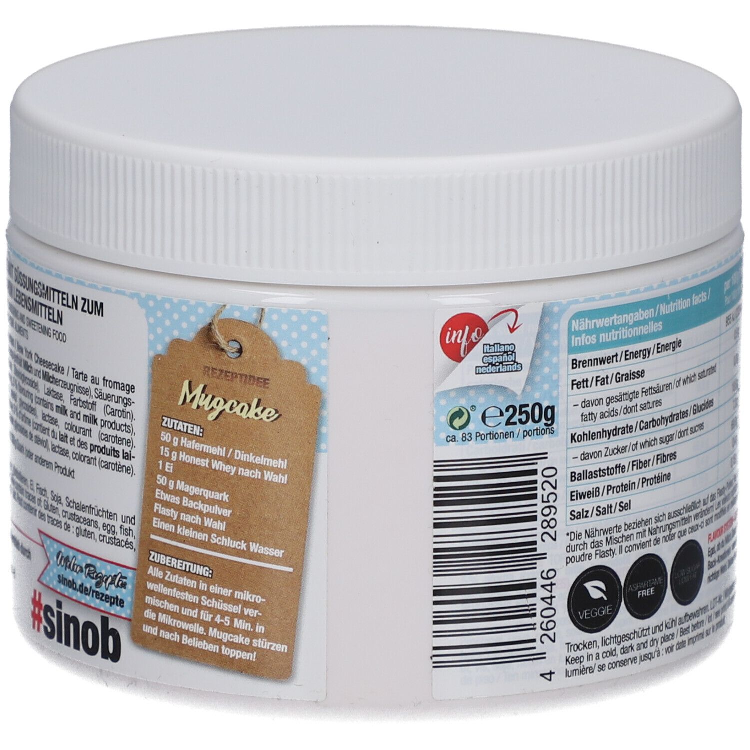 Dos du récipient blanc. Informations sur la recette. Labels végétalien et sans gluten. Texte : #sinob.