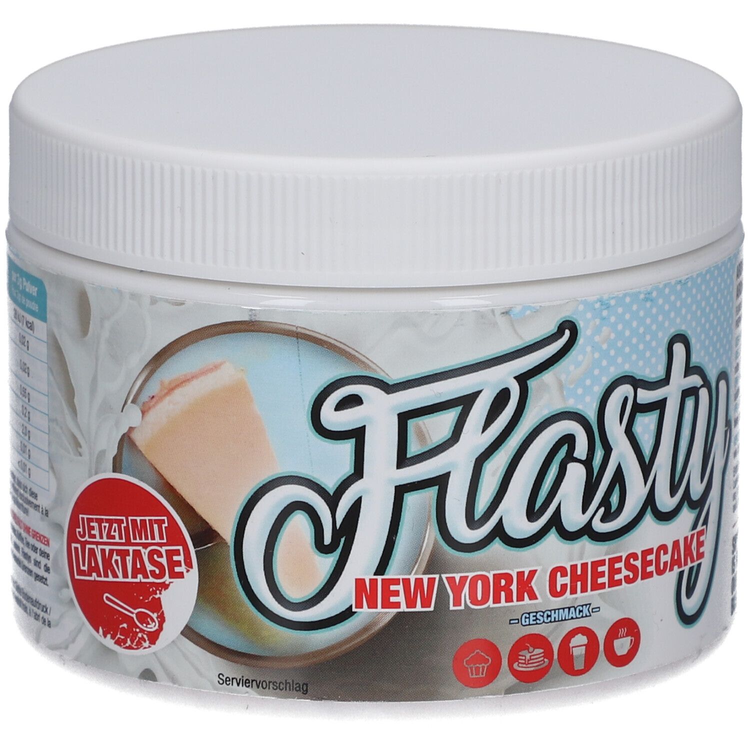 Récipient blanc avec Flasty New York Cheesecake. Inscription : Maintenant avec du lactose. Image de gâteau.