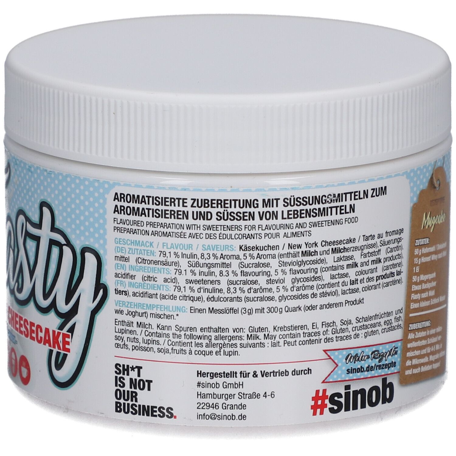 Dos du récipient blanc. Texte et liste d'ingrédients. Texte : SH*T IS NOT OUR BUSINESS. #sinob.