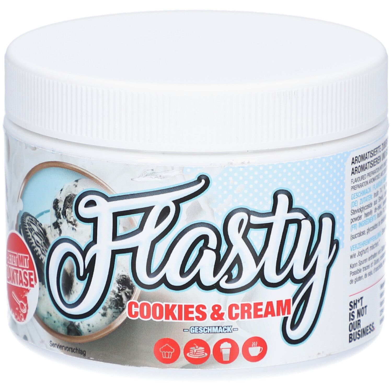 Weißes Gefäß mit "Flasty Cookies & Cream"-Etikett. Abbildung von Keksen und Sahne. Rote Schrift: "MIT LAKTASE".