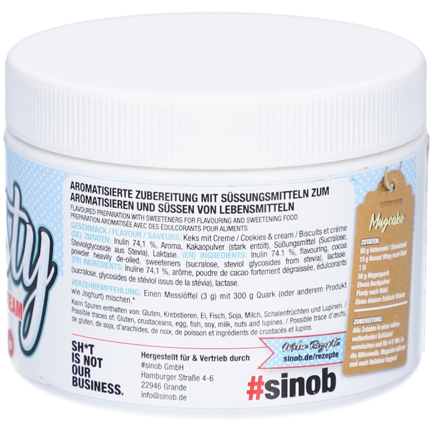 Rückseite des weißen Gefäßes. Text über Aromatisierung und Zutaten. Logo: #sinob. Text: SH*T IS NOT OUR BUSINESS.