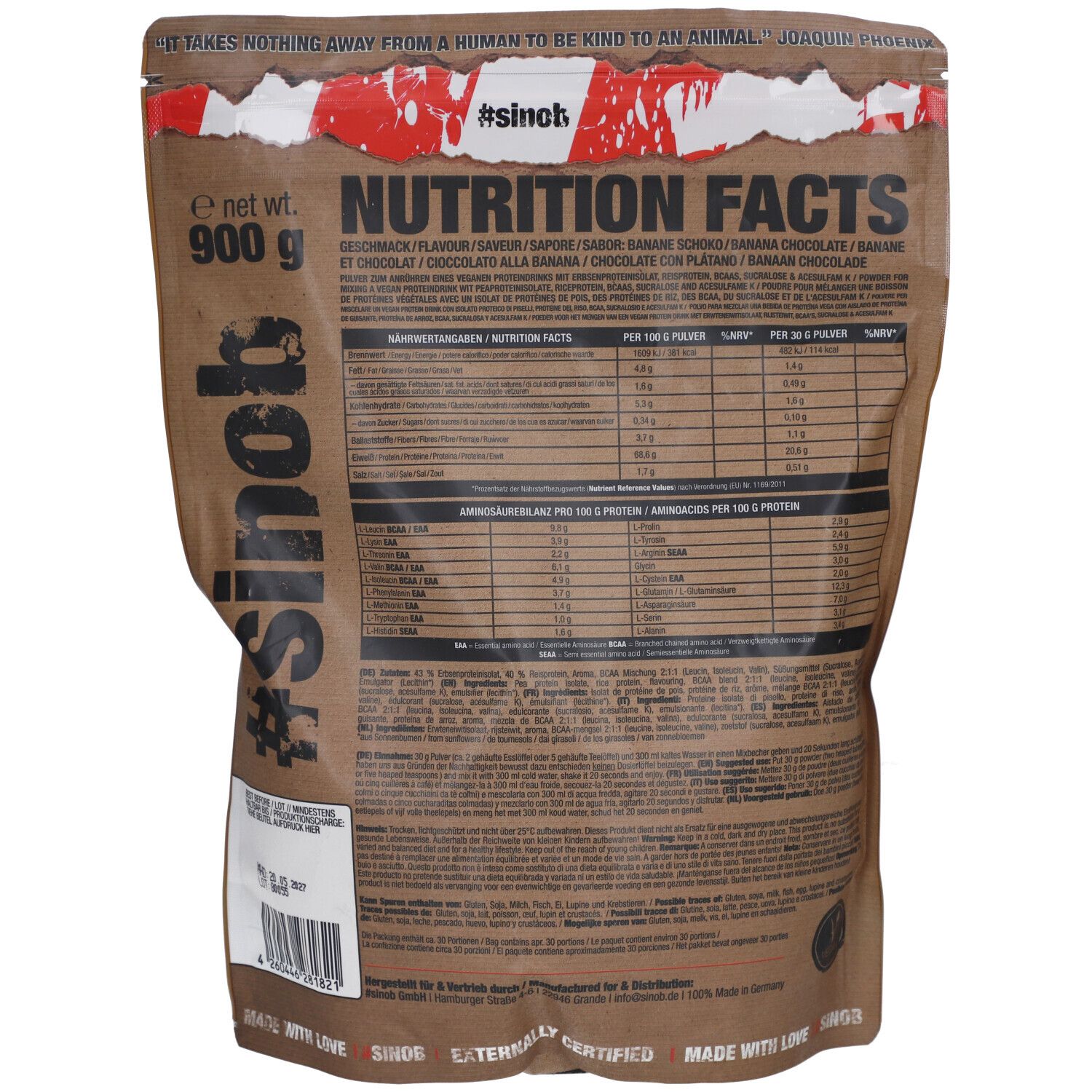 Rückseite der Tüte. "#sinob" und "900 g" sichtbar. Nährwertangaben in verschiedenen Sprachen. Geschmack: Banane Choco.