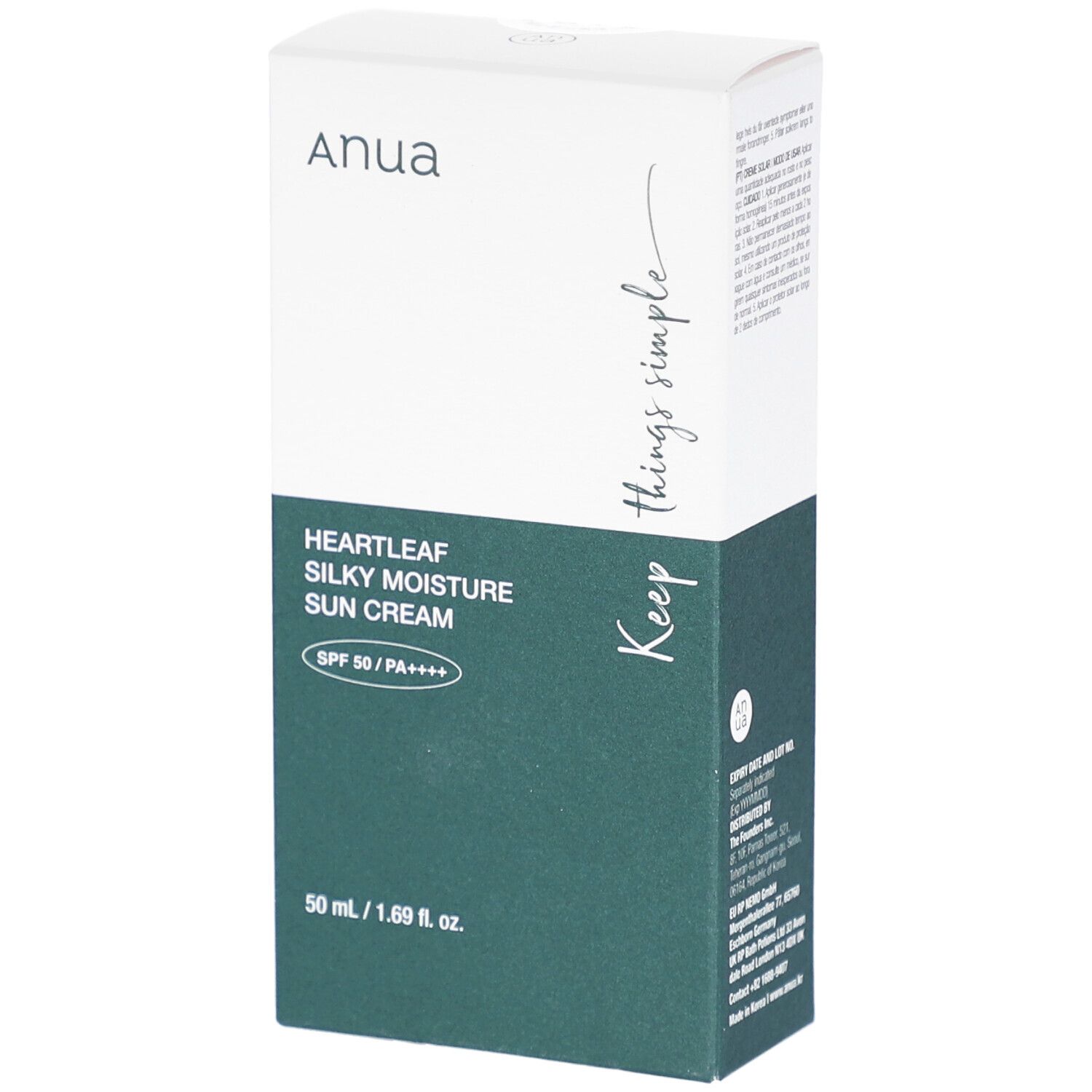 Boîte blanche et verte. Inscription: Anua, Heartleaf Silky Moisture Sun Cream SPF 50/PA++++. 50 ml/1.69 fl. oz. "Keep things simple".