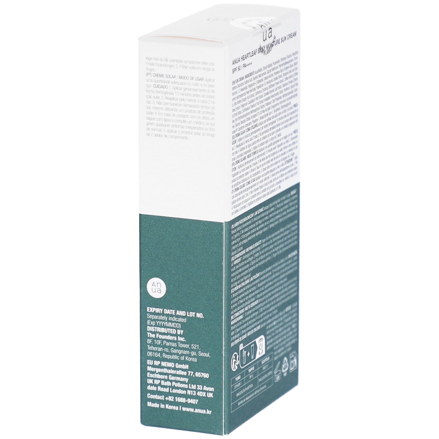 Boîte blanche et verte. Texte: Anua Heartleaf Silky Moisture Sun Cream SPF 50/PA++++. Texte multilingue. Date d'expiration et numéro de lot.