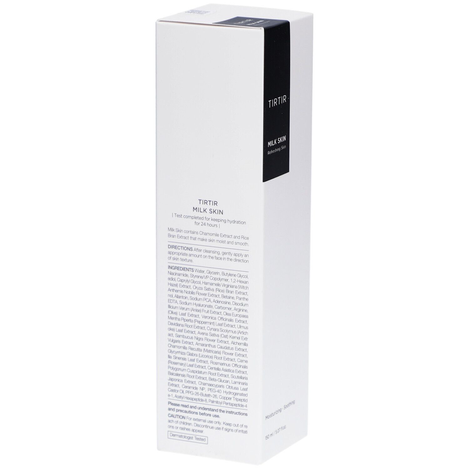 Weiße, rechteckige Verpackung. Aufschrift: TIRTIR, MILK SKIN. Text über Inhaltsstoffe und Anwendung. Rückseite mit Text in Englisch.