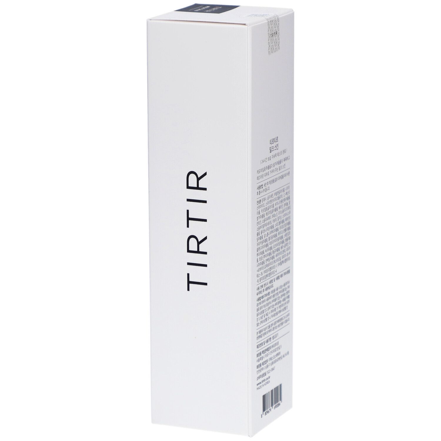 Weiße, rechteckige Verpackung. Aufschrift: TIRTIR. Rückseite mit Text und Barcode. Seitenansicht der Verpackung.