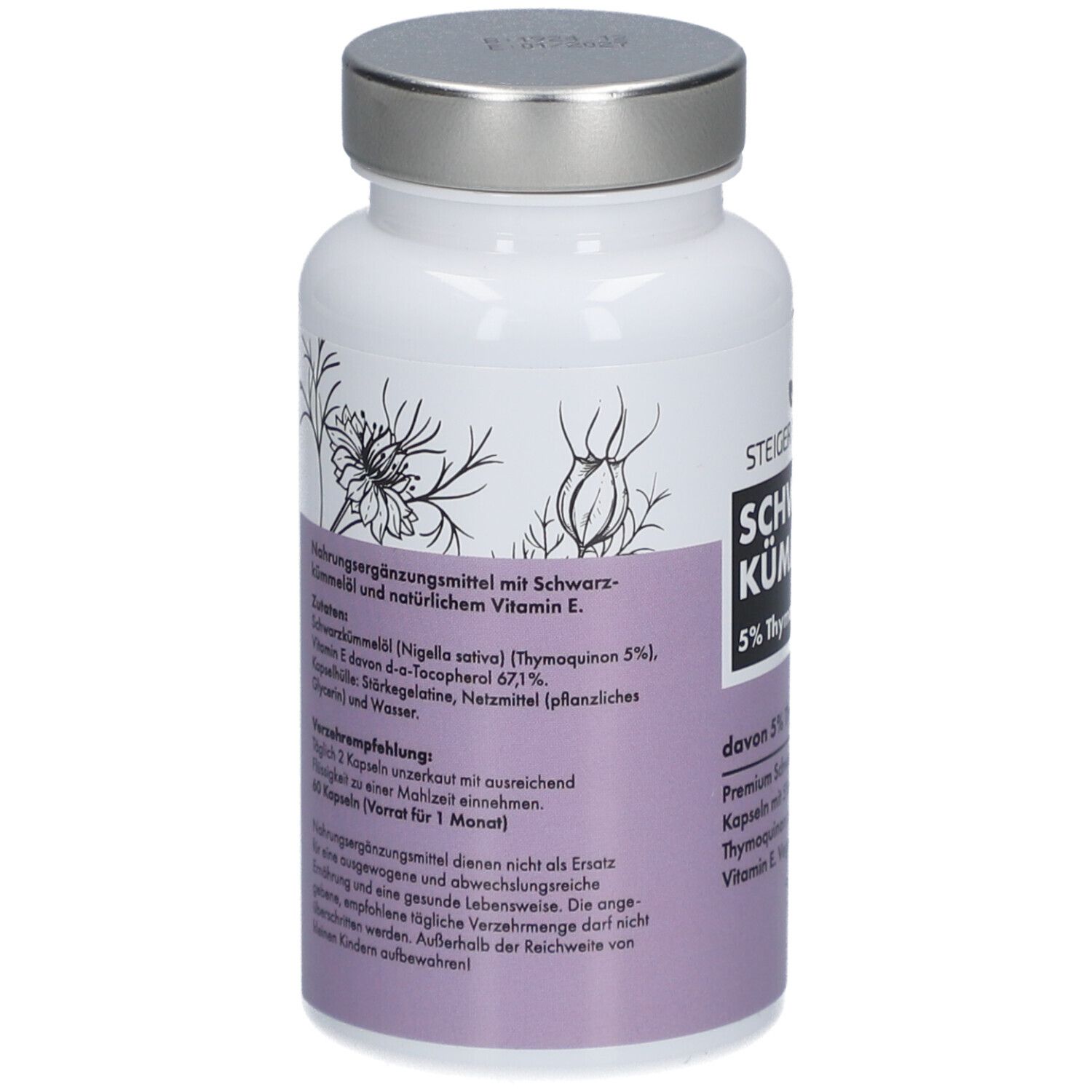 Dos du flacon blanc avec bouchon argenté. Texte : Complément alimentaire à l'huile de nigelle et vitamine E naturelle. Ingrédients.