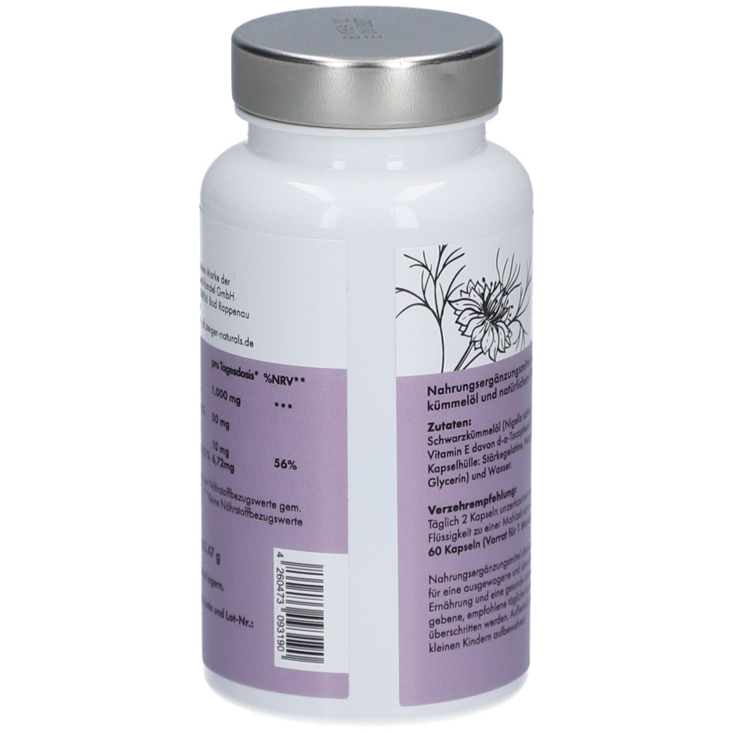 Dos du flacon blanc avec bouchon argenté. Texte : par dose quotidienne, informations nutritionnelles, ingrédients, recommandation de consommation, poids net.