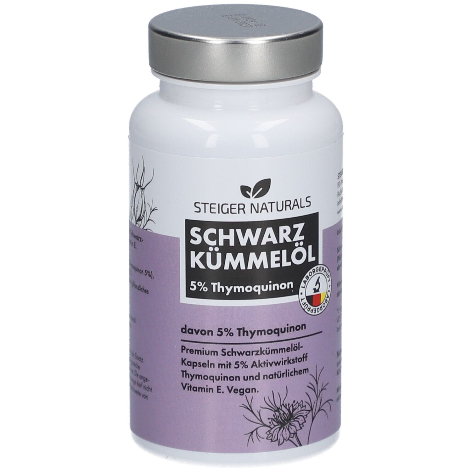 Flacon blanc avec bouchon argenté. Inscription : Steiger Naturals Schwarzkümmelöl. Contient 5% de thymoquinone. Avec label de qualité allemand.