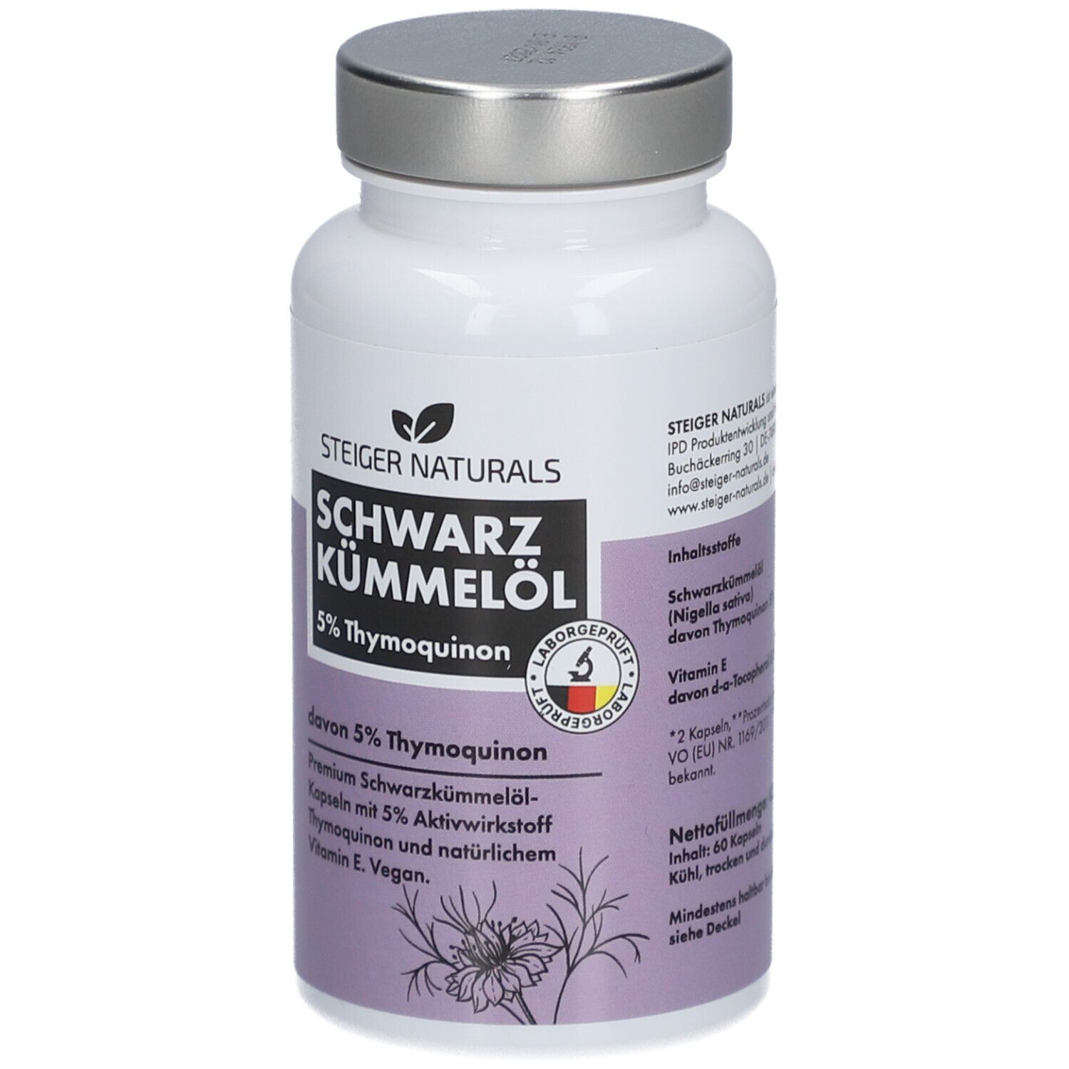 Flacon blanc avec bouchon argenté. Inscription : Steiger Naturals Schwarzkümmelöl. Contient 5% de thymoquinone. Avec label de qualité allemand.