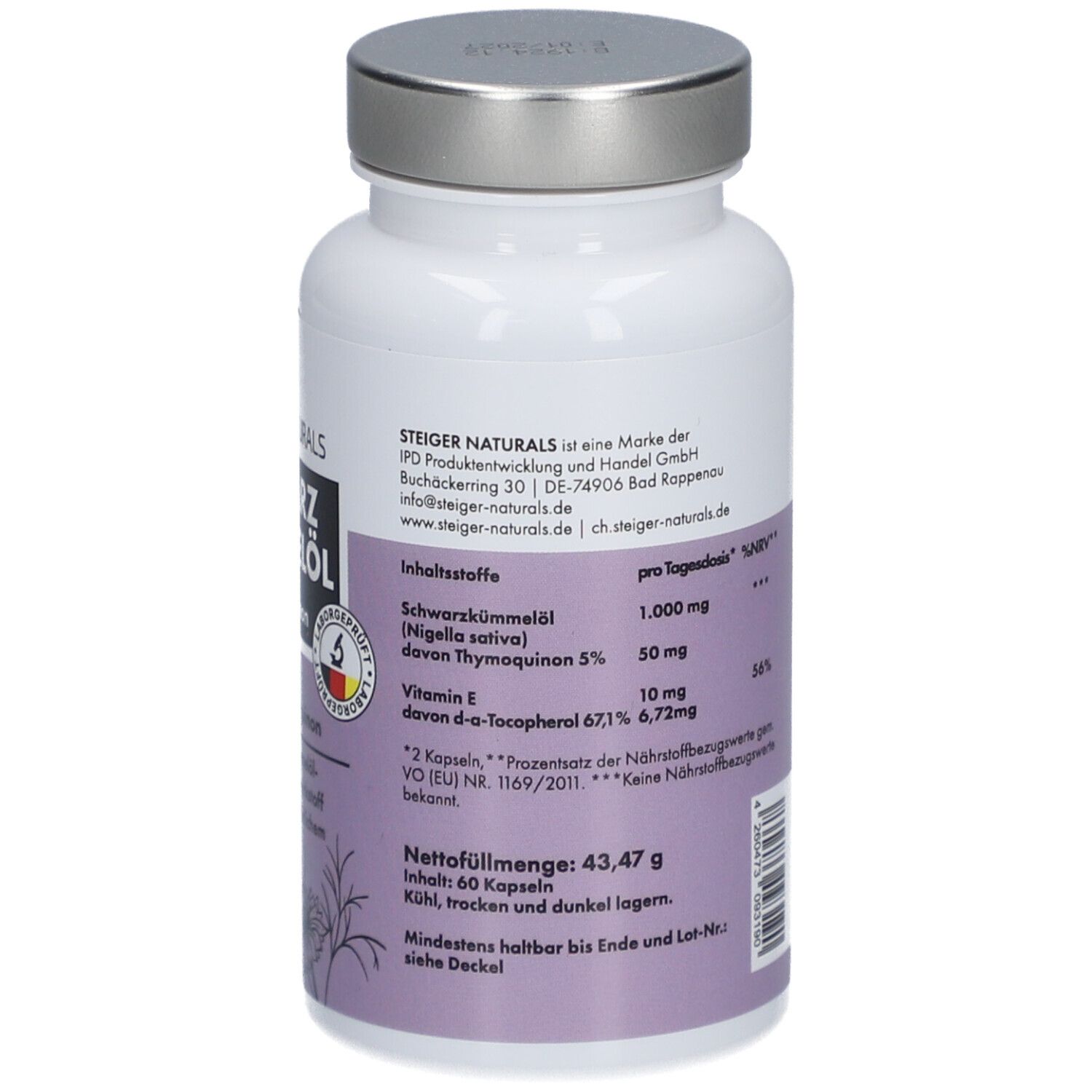 Dos du flacon blanc avec bouchon argenté. Texte : ingrédients, informations nutritionnelles, poids net, date de péremption, informations fabricant.