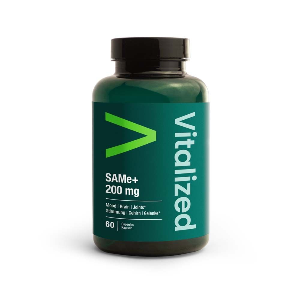 Flacon vert Vitalized SAMe+ 200 mg. Contient 60 gélules. Inscription: Mood | Brain | Joints.