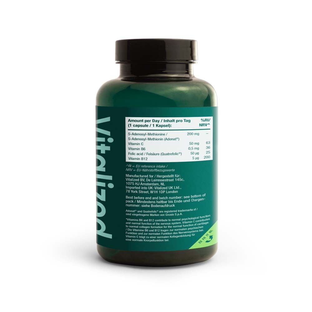 Dos du flacon vert Vitalized SAMe+. Informations sur les ingrédients et les valeurs nutritionnelles.