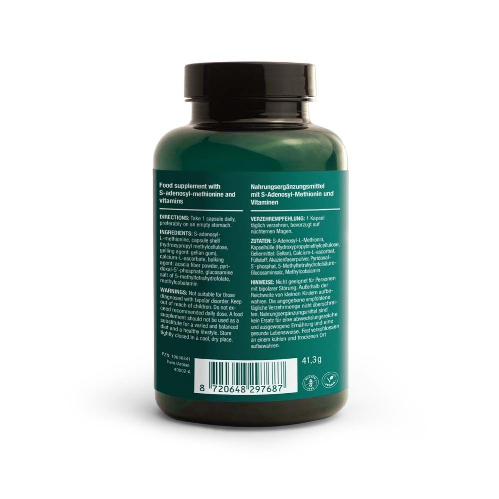 Dos du flacon vert Vitalized SAMe+. Informations sur les ingrédients et l'utilisation.