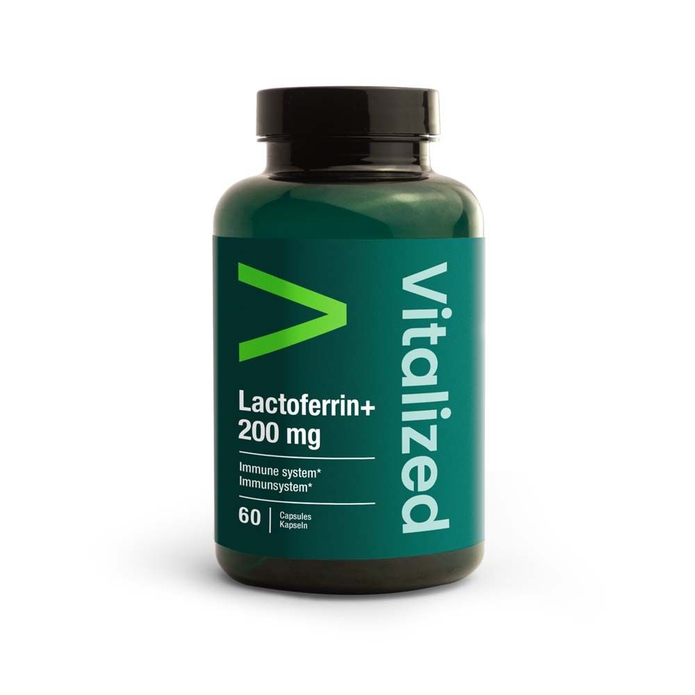 Grüne Flasche mit schwarzen Deckel. Aufschrift: Vitalized, Lactoferrin+ 200 mg, 60 Kapseln.