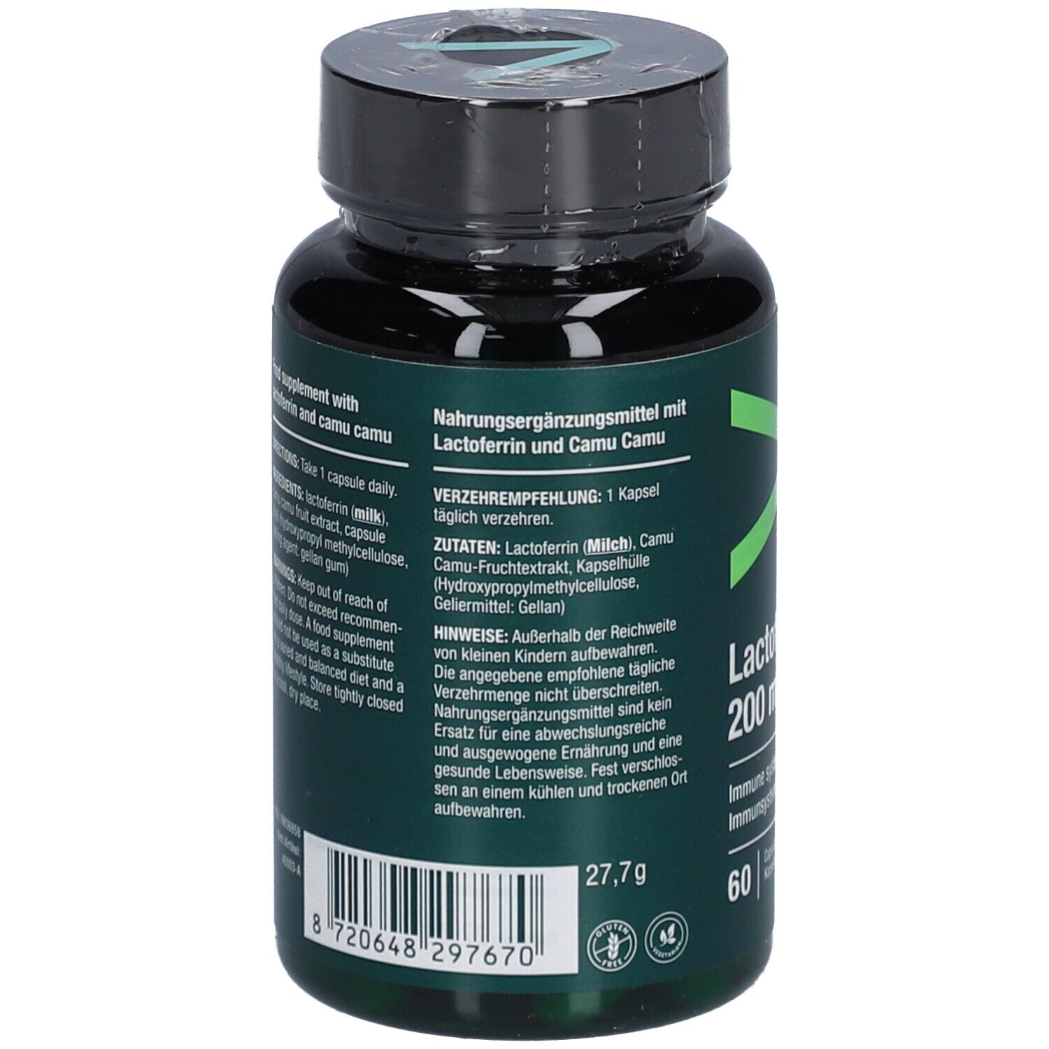 Grüne Flasche mit schwarzen Deckel. Aufschrift: Vitalized, Lactoferrin+ 200 mg, 60 Kapseln.