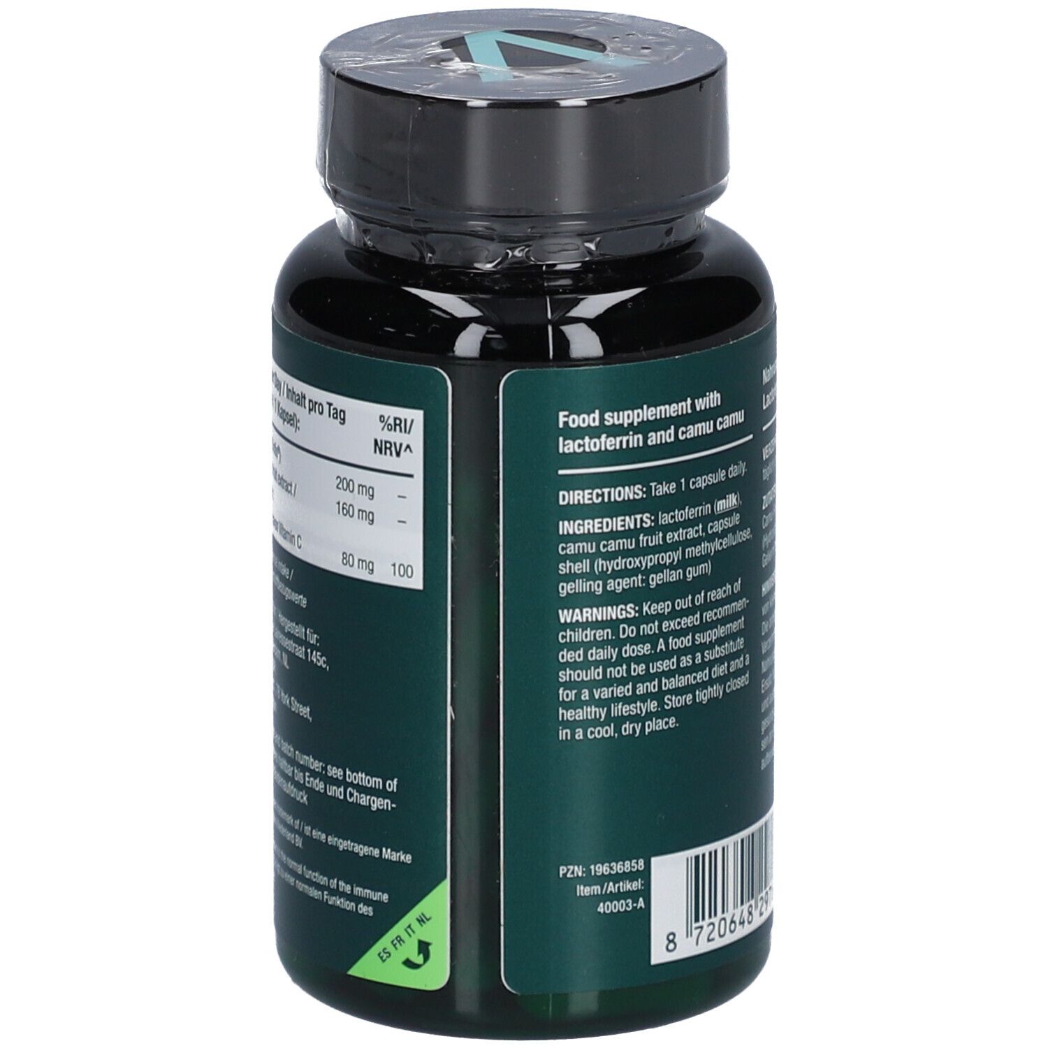 Rückseite der Flasche. Aufschrift: Vitalized, Inhaltsstoffe, Nährwertangaben, Herstellerinformationen.