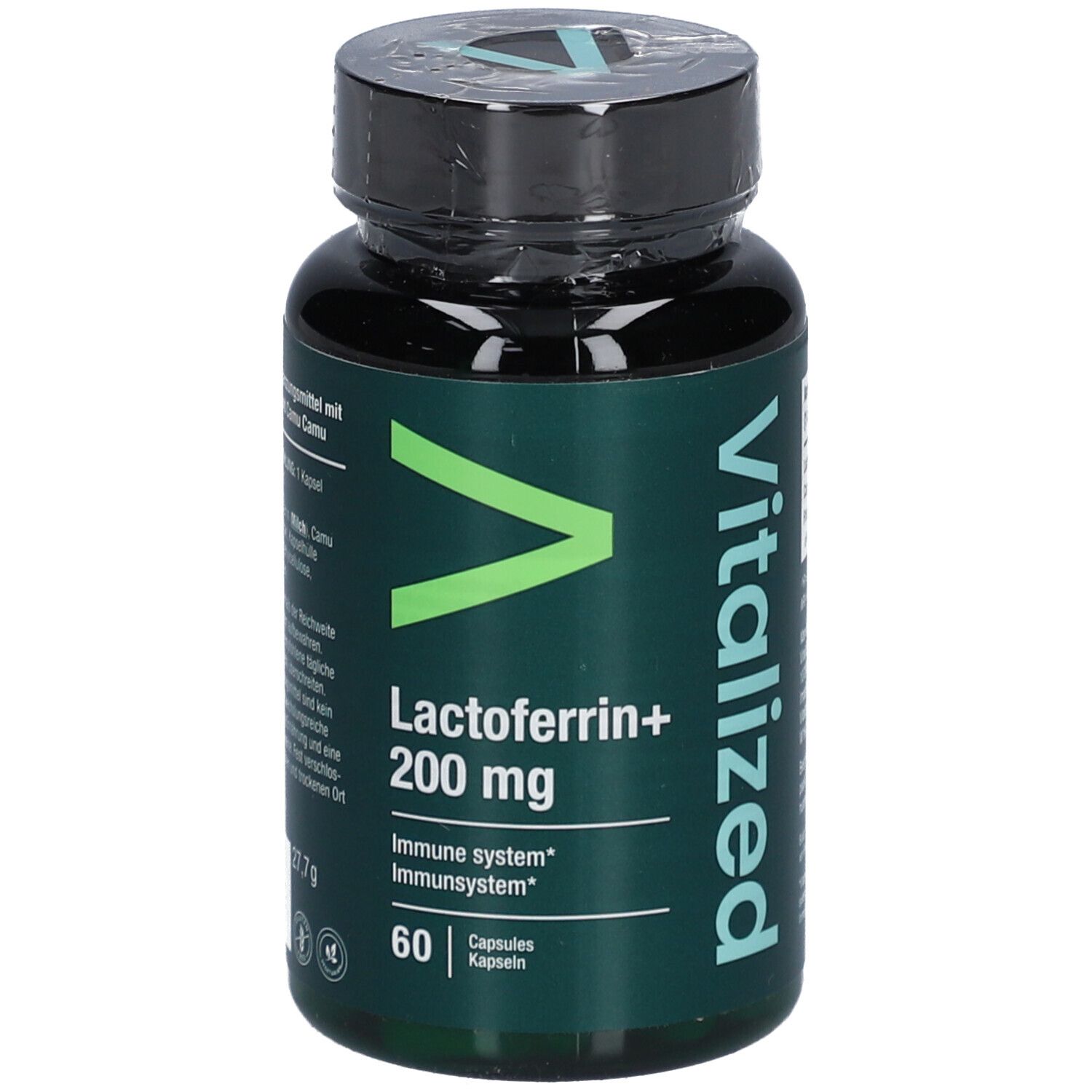 Grüne Flasche mit schwarzen Deckel. Aufschrift: Vitalized, Lactoferrin+ 200 mg, 60 Kapseln.