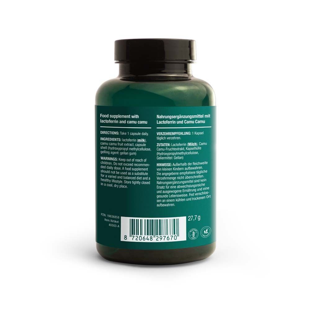 Rückseite der Flasche. Aufschrift: Nahrungsergänzungsmittel, Inhaltsstoffe, Gebrauchsanweisung, Warnhinweise.