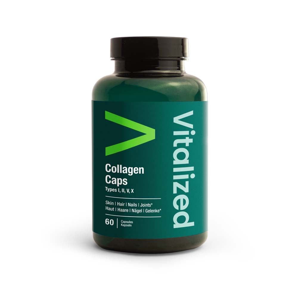 Grüne Flasche mit schwarzen Deckel. Aufschrift: Vitalized Collagen Caps. Enthält 60 Kapseln.