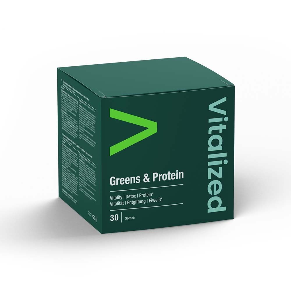 Grüne Schachtel mit "Vitalized Greens & Protein". Enthält 30 Sachets. Grün-weißes Logo. Text in Englisch.