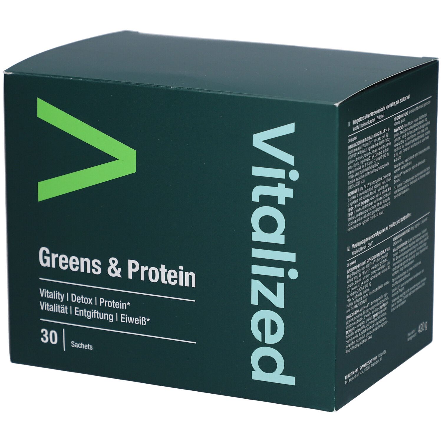 Grüne Schachtel mit "Vitalized Greens & Protein". Enthält 30 Sachets. Grün-weißes Logo. Text in Englisch.