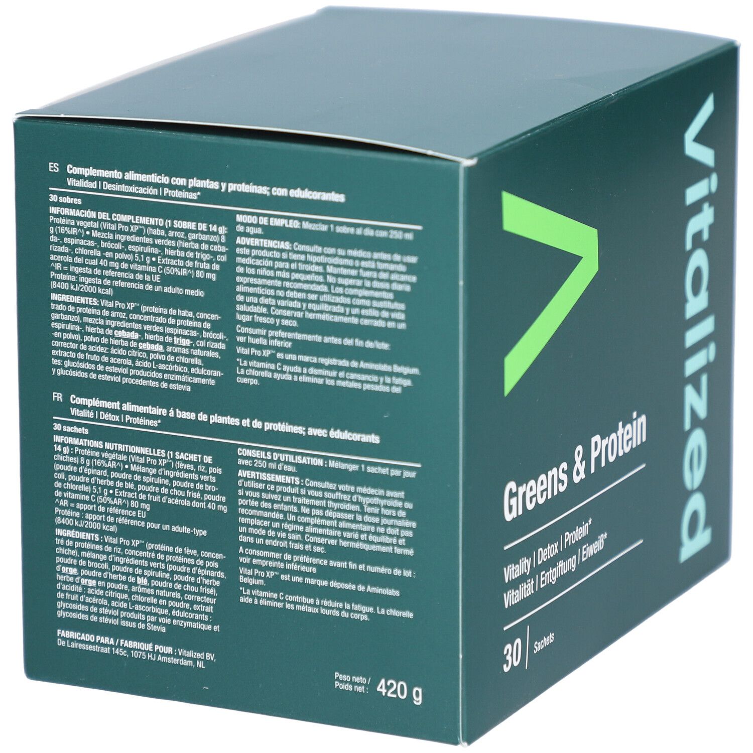 Grüne Schachtel mit "Vitalized Greens & Protein". Text in mehreren Sprachen. 420g. 30 Sachets.