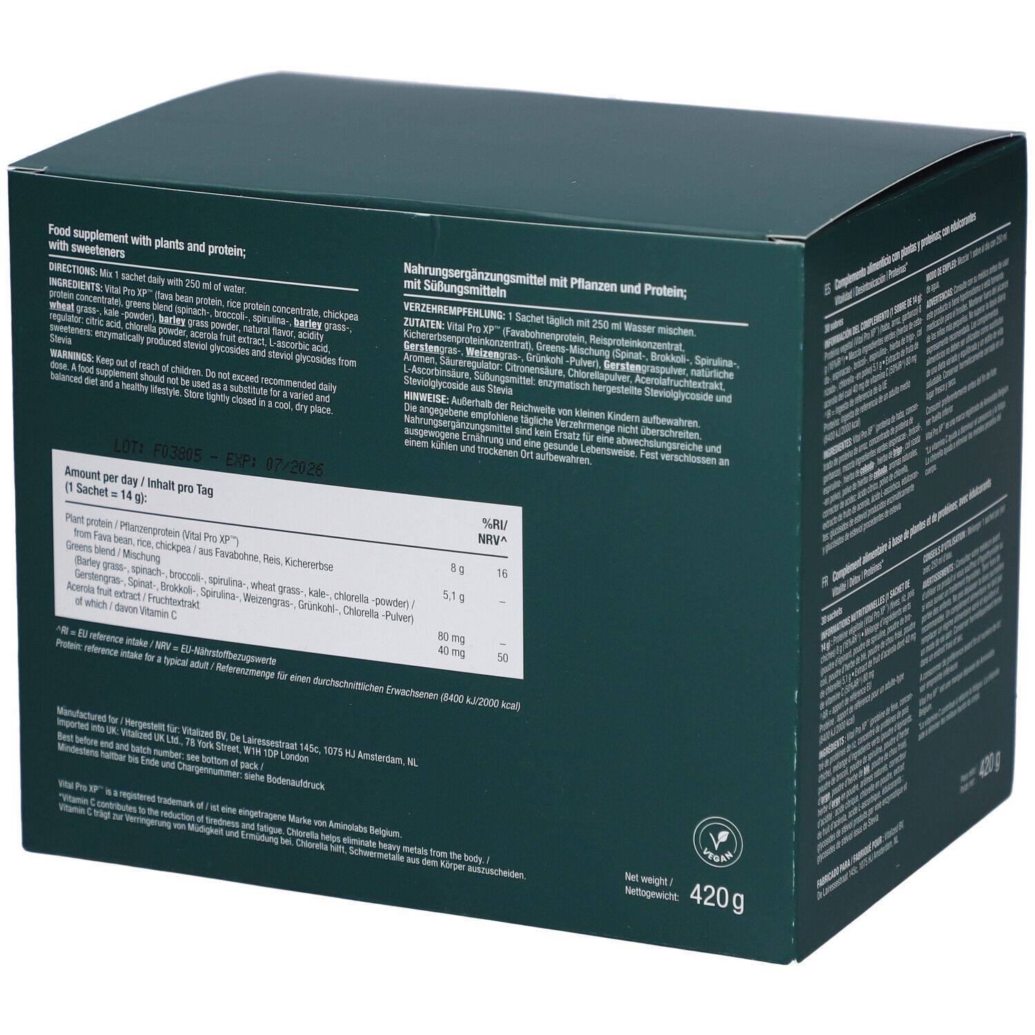 Rückseite der grünen Schachtel "Vitalized Greens & Protein". Text in mehreren Sprachen. 420g.