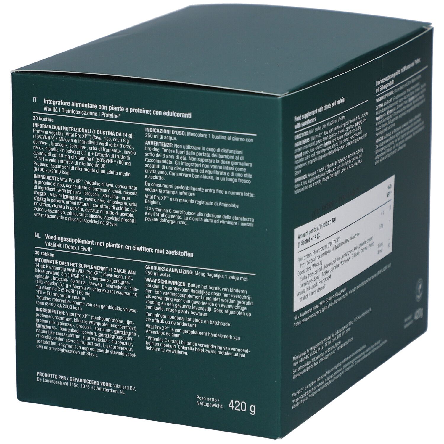 Rückseite der grünen Schachtel "Vitalized Greens & Protein". Text in mehreren Sprachen. 420g.