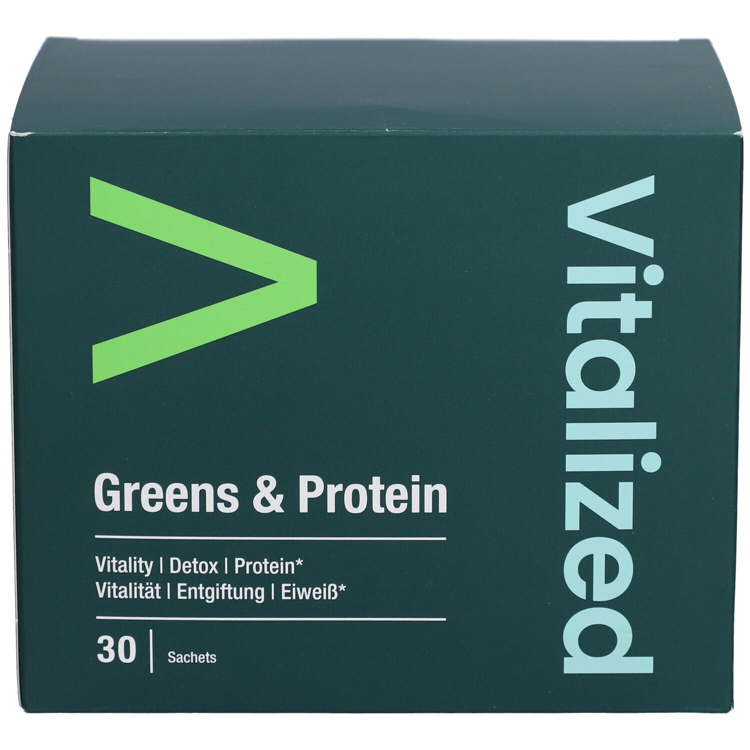 Grüne Schachtel mit "Vitalized Greens & Protein". Enthält 30 Sachets. Grün-weißes Logo. Text in Englisch.