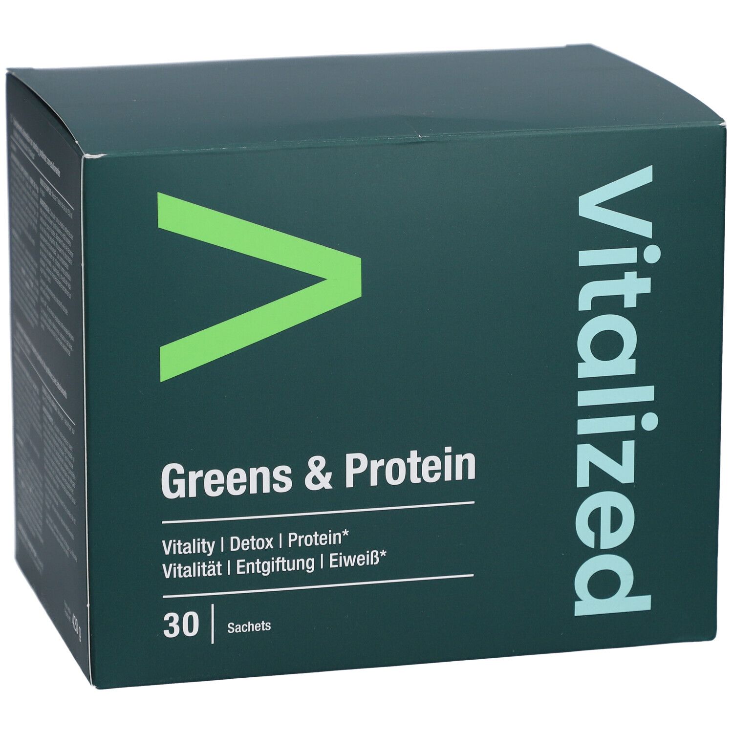Grüne Schachtel mit "Vitalized Greens & Protein". Enthält 30 Sachets. Grün-weißes Logo. Text in Englisch.