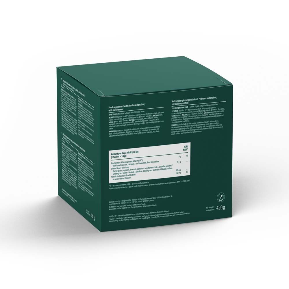 Rückseite der grünen Schachtel "Vitalized Greens & Protein". Text in mehreren Sprachen. 420g.