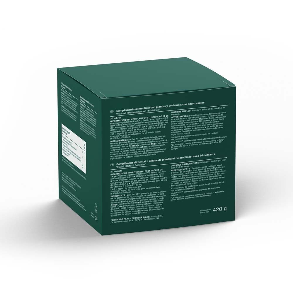 Rückseite der grünen Schachtel "Vitalized Greens & Protein". Text in mehreren Sprachen. 420g.