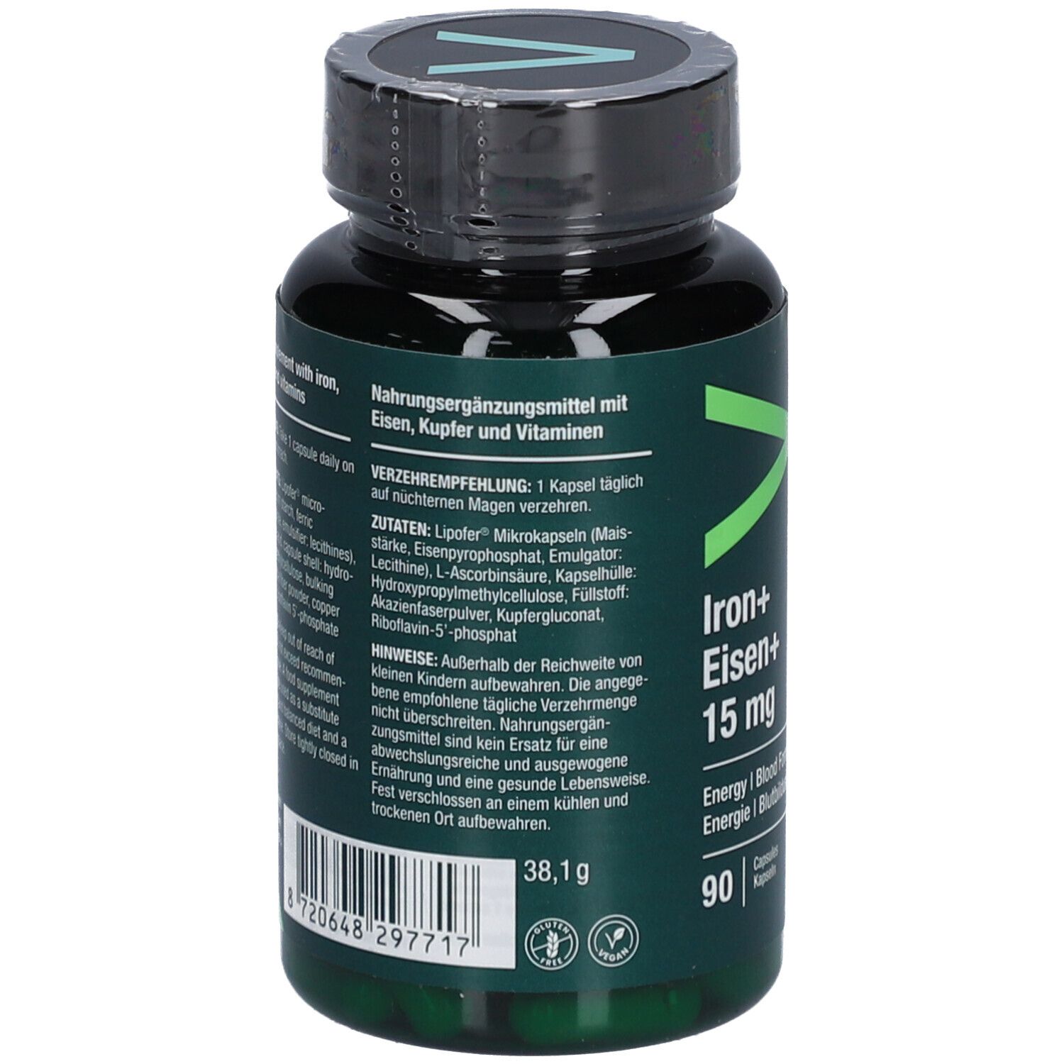 Flacon vert, dos. Texte en allemand. Informations nutritionnelles, ingrédients et avertissements.
