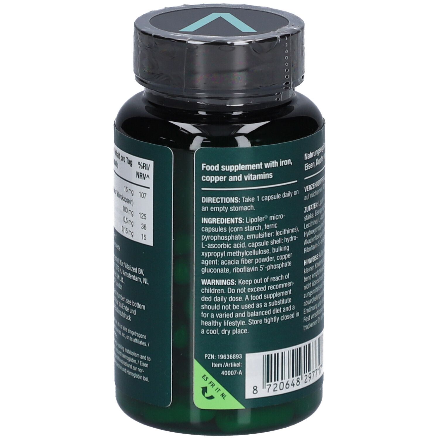 Dos du flacon vert. Texte en allemand et anglais. Informations nutritionnelles et ingrédients.