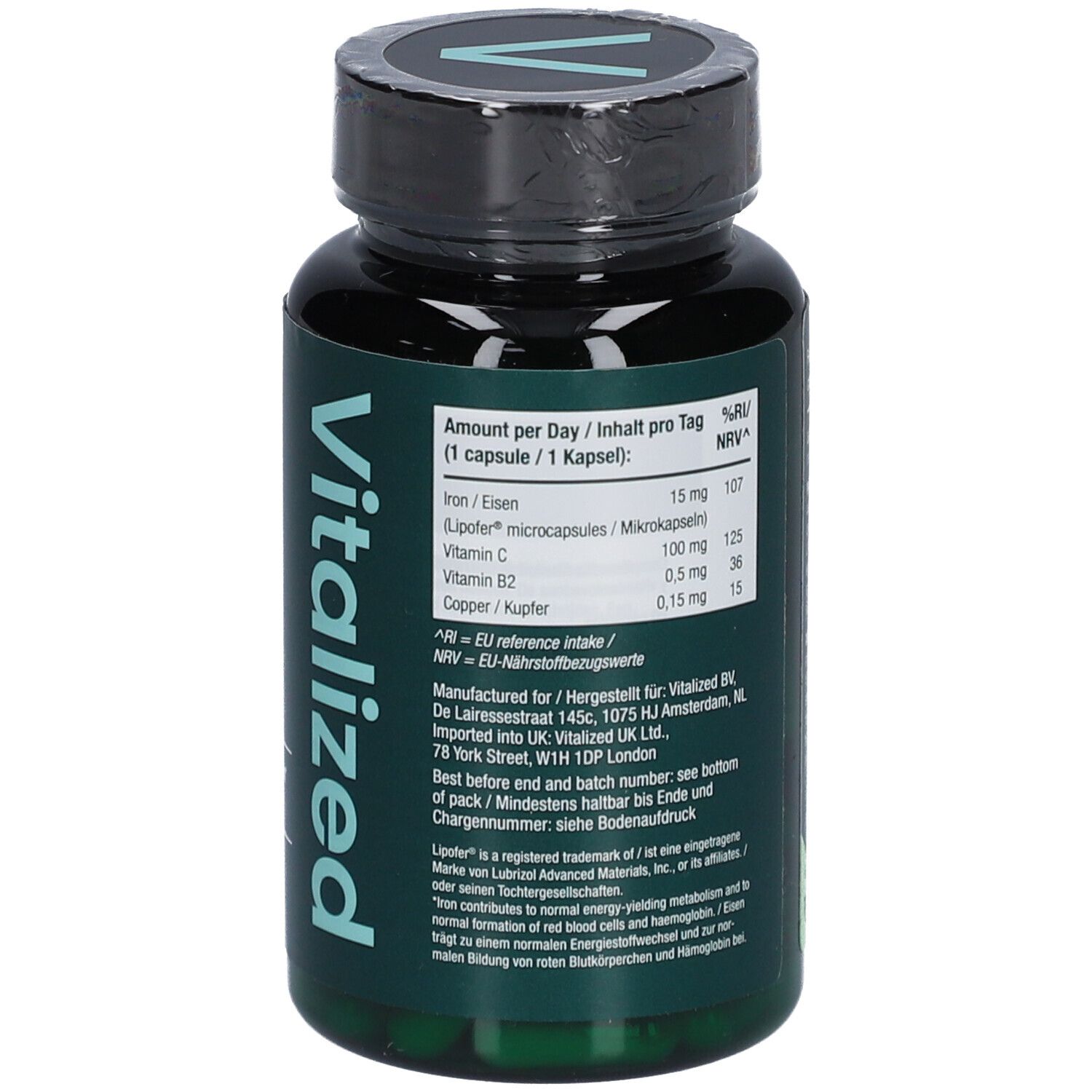 Dos du flacon vert. Texte en allemand. Informations nutritionnelles et ingrédients.