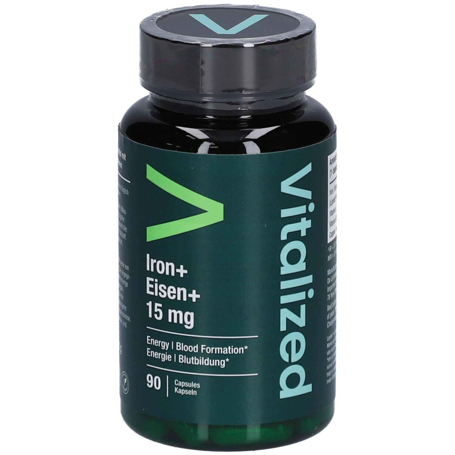 Flacon vert avec bouchon noir. Inscription: Vitalized, Iron+ Eisen+ 15 mg, 90 gélules.