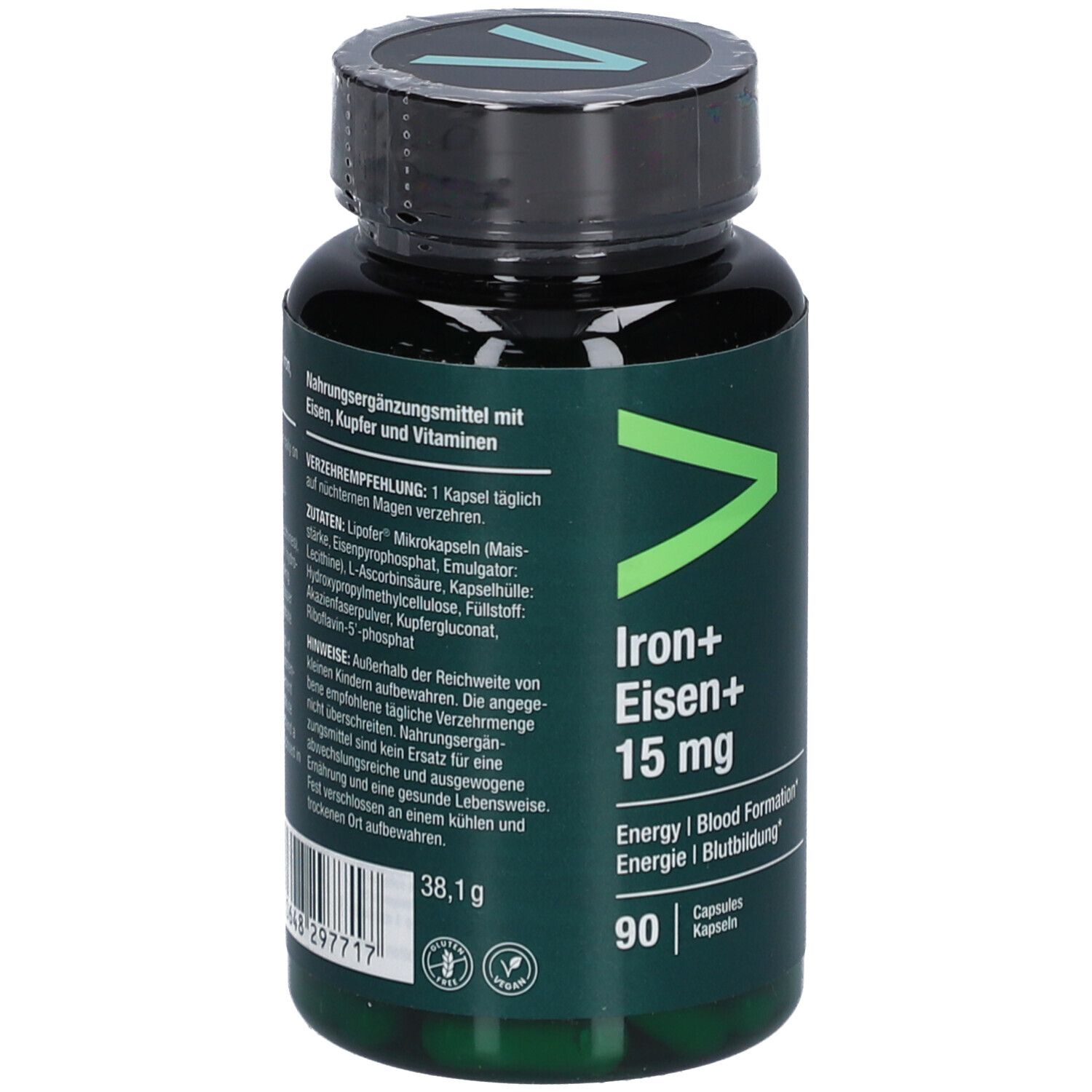 Flacon vert, dos. Texte en allemand. Informations nutritionnelles, ingrédients et avertissements.