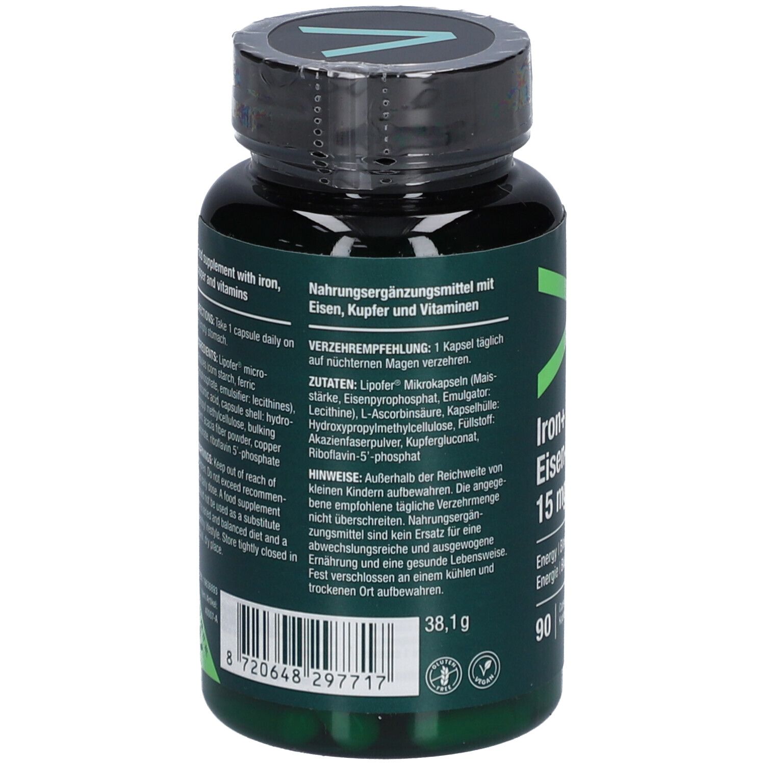 Flacon vert, dos. Texte en allemand. Informations nutritionnelles, ingrédients et avertissements.